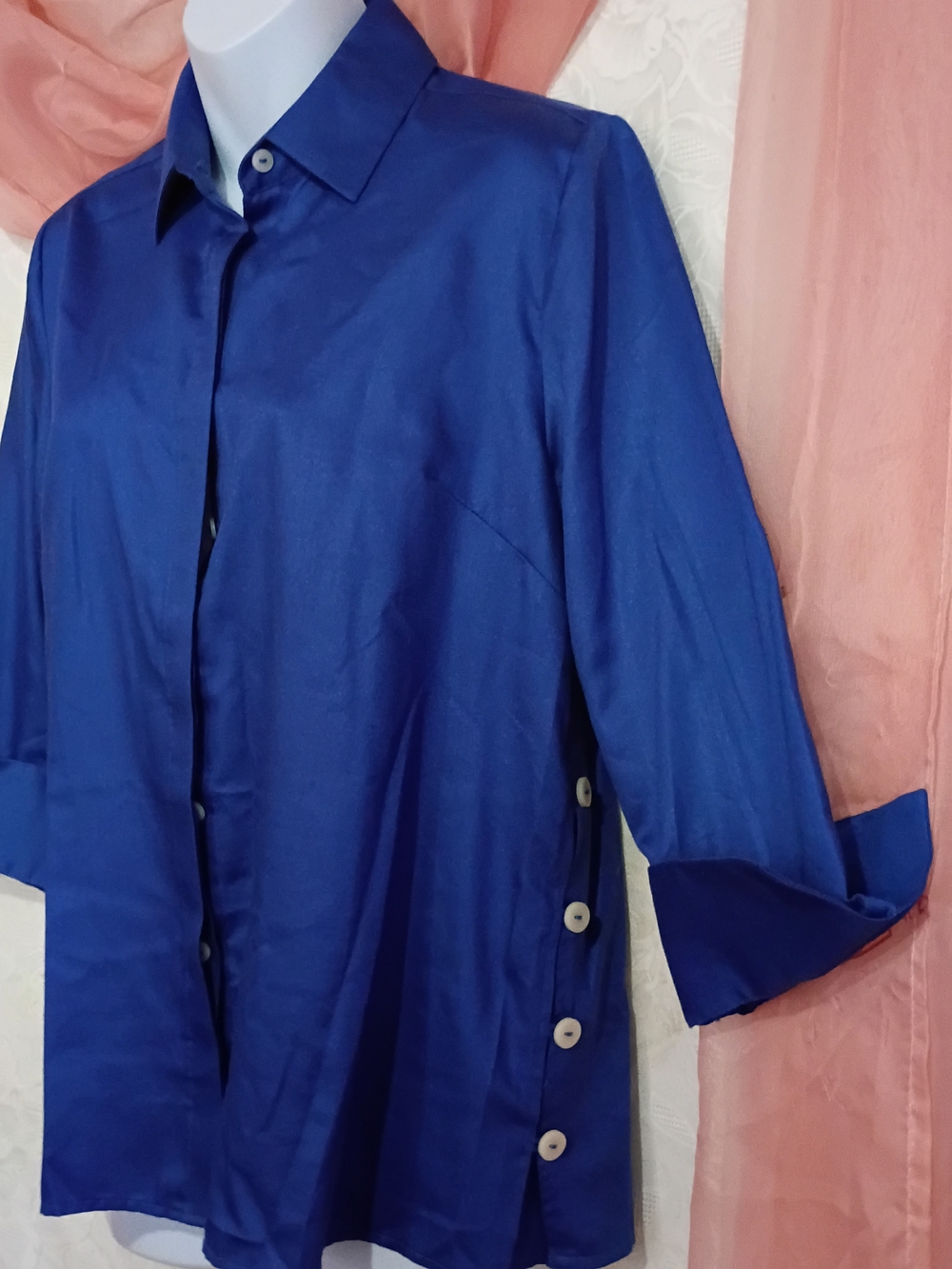 Foxcroft Ladies Royal Blue Button-Detail Tie-Front Shirt Sz M - Picture 3 of 8